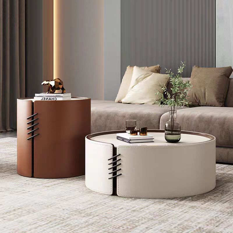 Gaoliang coffee table set modern stone leather round (KF223)