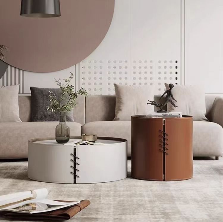 Gaoliang coffee table set modern stone leather round (KF223)