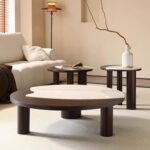 Gaoliang Coffee Table Marble Round Stone Travertine Limestone Wooden Base COEM/ODM (KF311)