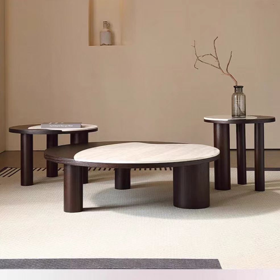 Gaoliang Coffee Table Marble Round Stone Travertine Limestone Wooden Base COEM/ODM (KF311)