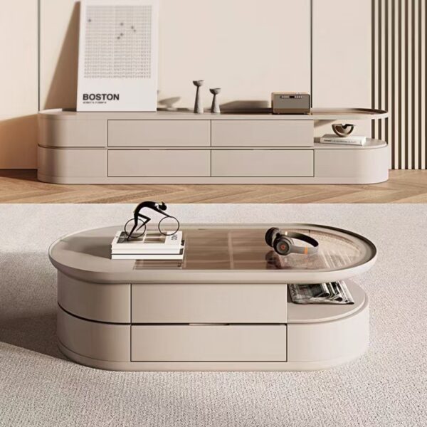 Gaoliang Tv Stand and Coffee Table Set Glass Top Wooden Oval Shaped OEM/ODM (KF333)