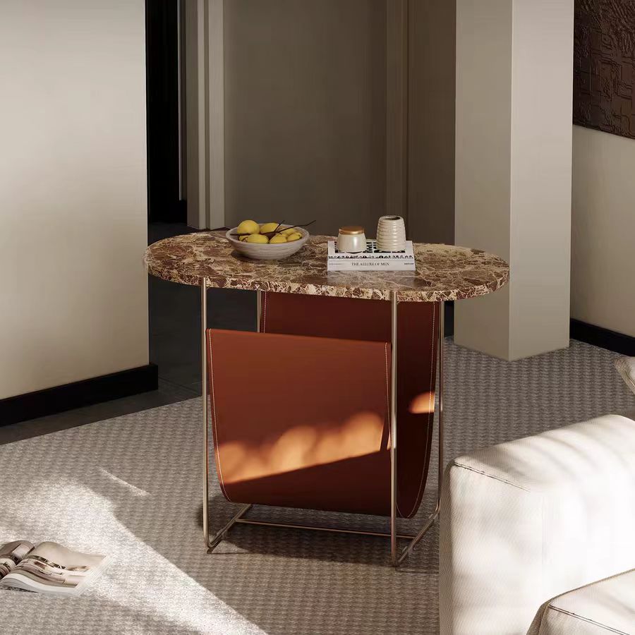 Gaoliang Side Table Modern Oval Saddle Leather Stone Top Light Luxury Sofa Corner Table OEM/ODM (BJ94)