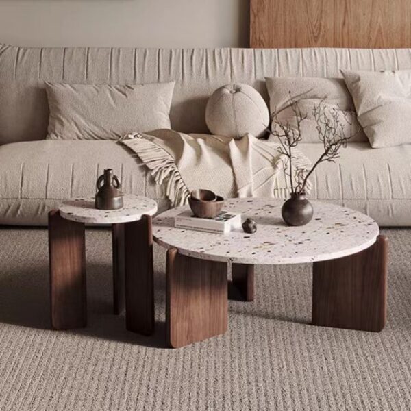 Gaoliang Coffee Table Wabi-Sabi Round Circular Stone Top Wooden Coffee Tables OEM/ODM (KF335)