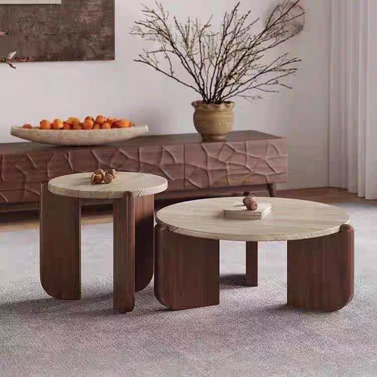 Gaoliang Coffee Table Wabi-Sabi Round Circular Stone Top Wooden Coffee Tables OEM/ODM (KF335)