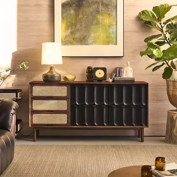 GZ181 (1) Gaoliang Sideboard Retro Rattan Wooden Storage Tea Cabinet OEM/ODM (GZ181)