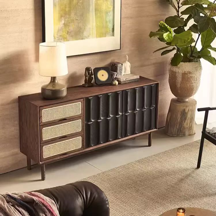 GZ181 (6) Gaoliang Sideboard Retro Rattan Wooden Storage Tea Cabinet OEM/ODM (GZ181)