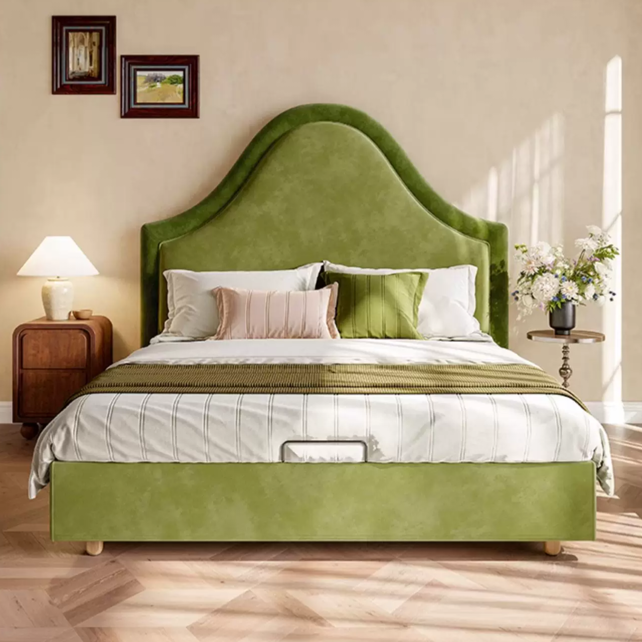 Gaoliang Bed Modern Design Green Fabric Upholstered Beds OEM/ODM (RC49)