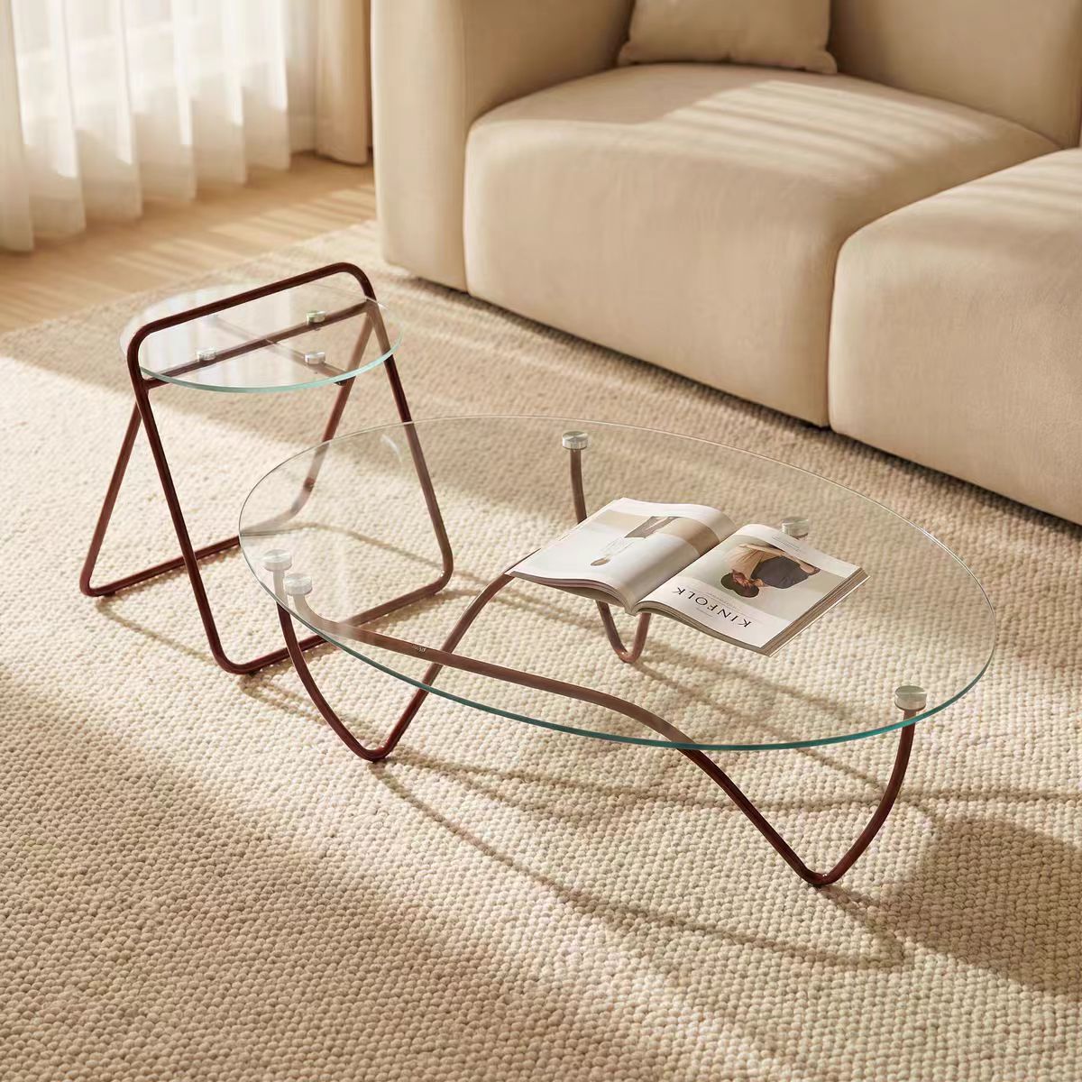 Gaoliang Coffee Table Oval Tempered Glass Top Creative Design Tea Table OEM/ODM (KF381)