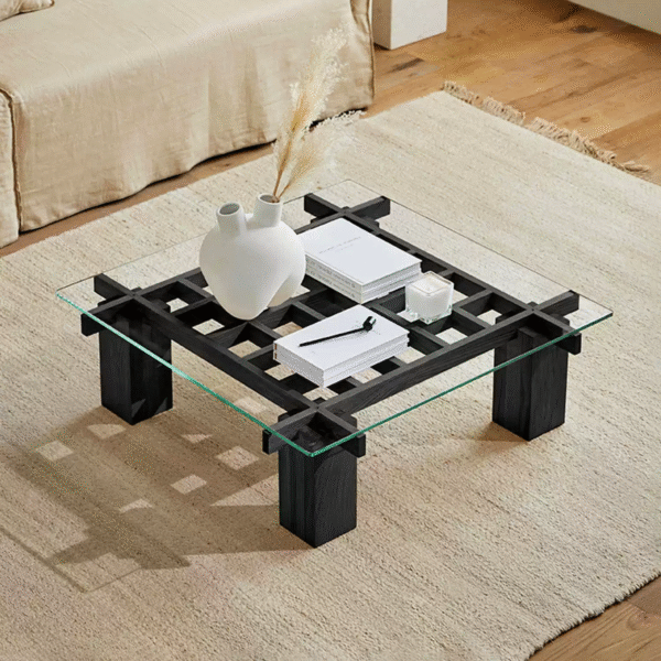 Gaoliang Coffee Table Glass Top with Wood Frame Square Coffee Table OEM/ODM (KF384)
