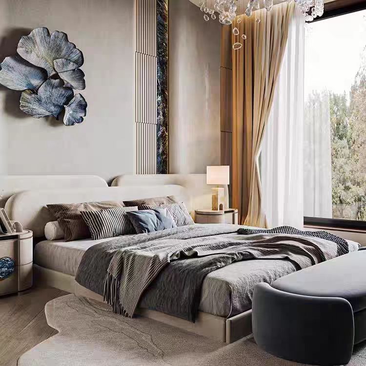 Gaoliang Bed Modern Large Headboard Velvet Upholstered Luxury Bedroom Bed OEM/ODM (HRC01)