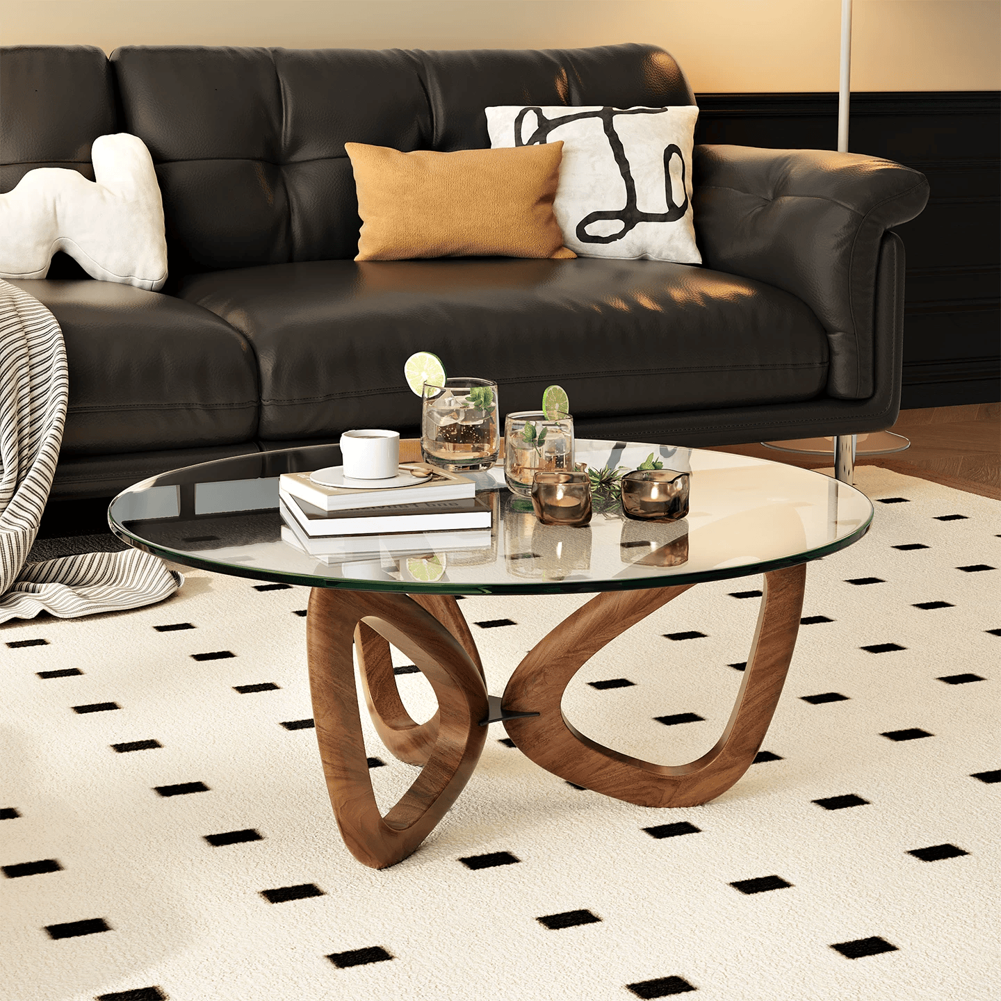 KF385 (3) Gaoliang Coffee Table French Retro Wooden and Glass Round Tea Table OEM/ODM (KF385)