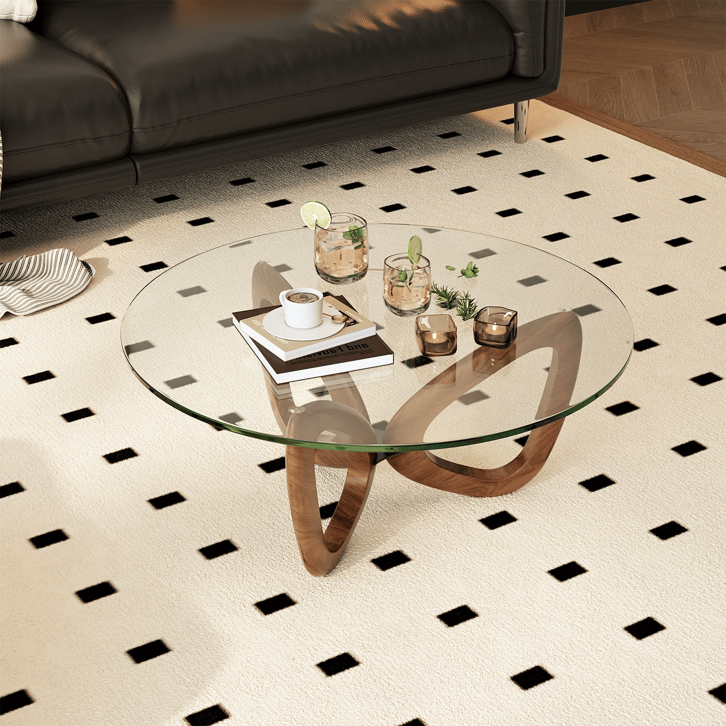 KF385 (4) Gaoliang Coffee Table French Retro Wooden and Glass Round Tea Table OEM/ODM (KF385)