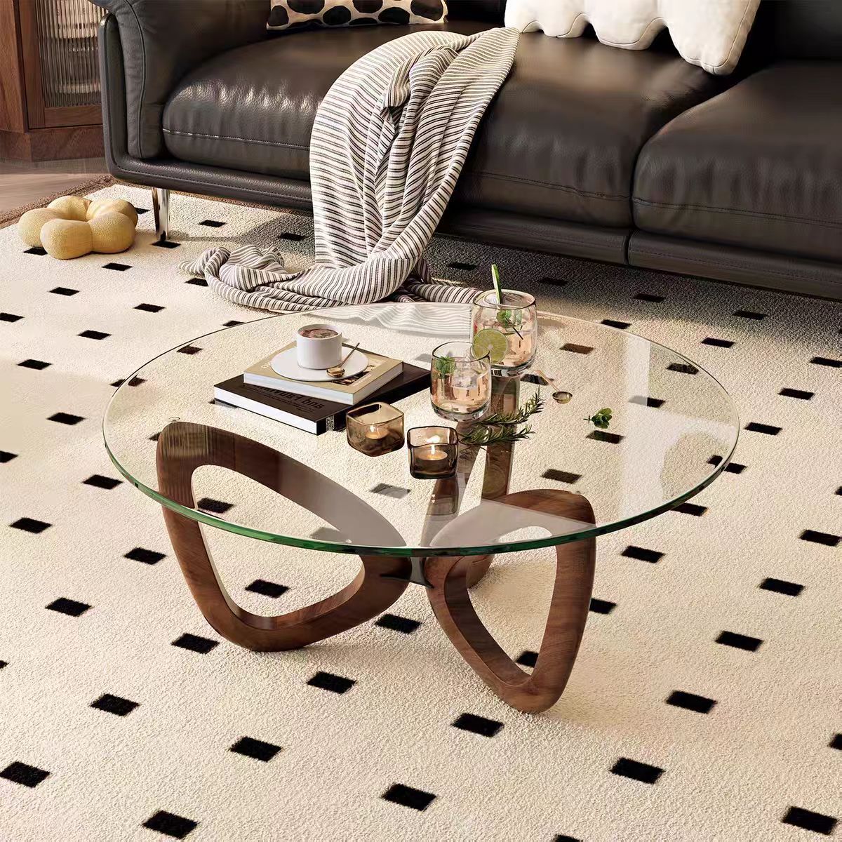 KF385 Gaoliang Coffee Table French Retro Wooden and Glass Round Tea Table OEM/ODM (KF385)