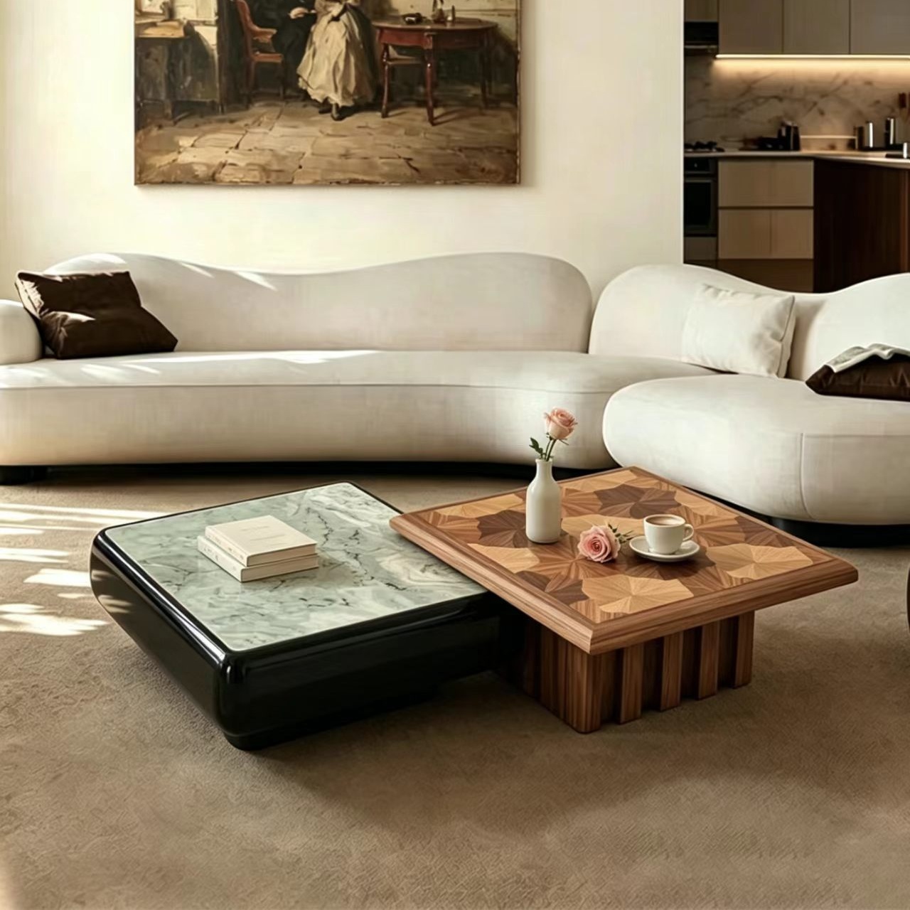 KF398 (1) Gaoliang Coffee Table Luxurious Wooden Square Coffee Table Set OEM/ODM (KF398)