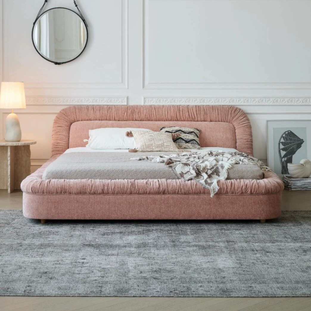 RC95 (2) Gaoliang Bed Pink Fabric Princess Style Elegant Soft Upholstered Bed OEM/ODM (RC95)