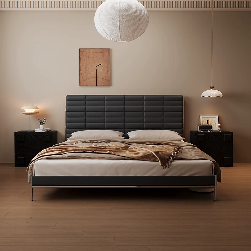 RC99 (1) Gaoliang Bed Luxury Black Leather Soft Upholstered Metal Frame Bed OEM/ODM (RC99)