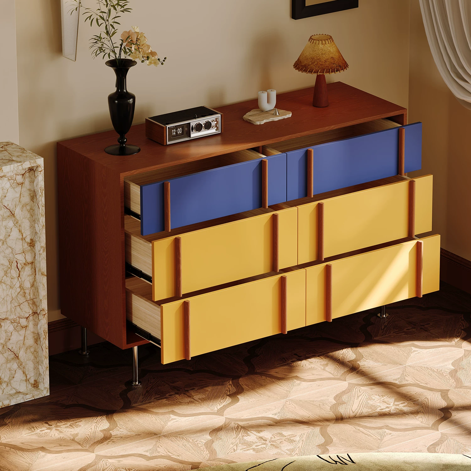 GZ265 (1) Gaoliang Sideboard Modern Color-blocked Solid Wood Six-drawer Cabinet OEM/ODM (GZ265)