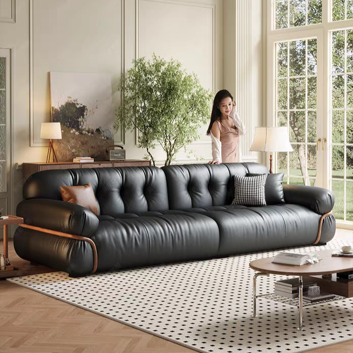 Gaoliang Sofa Italian Minimalist Black Genuine Leather Vintage Sofa OEM/ODM (SF135)