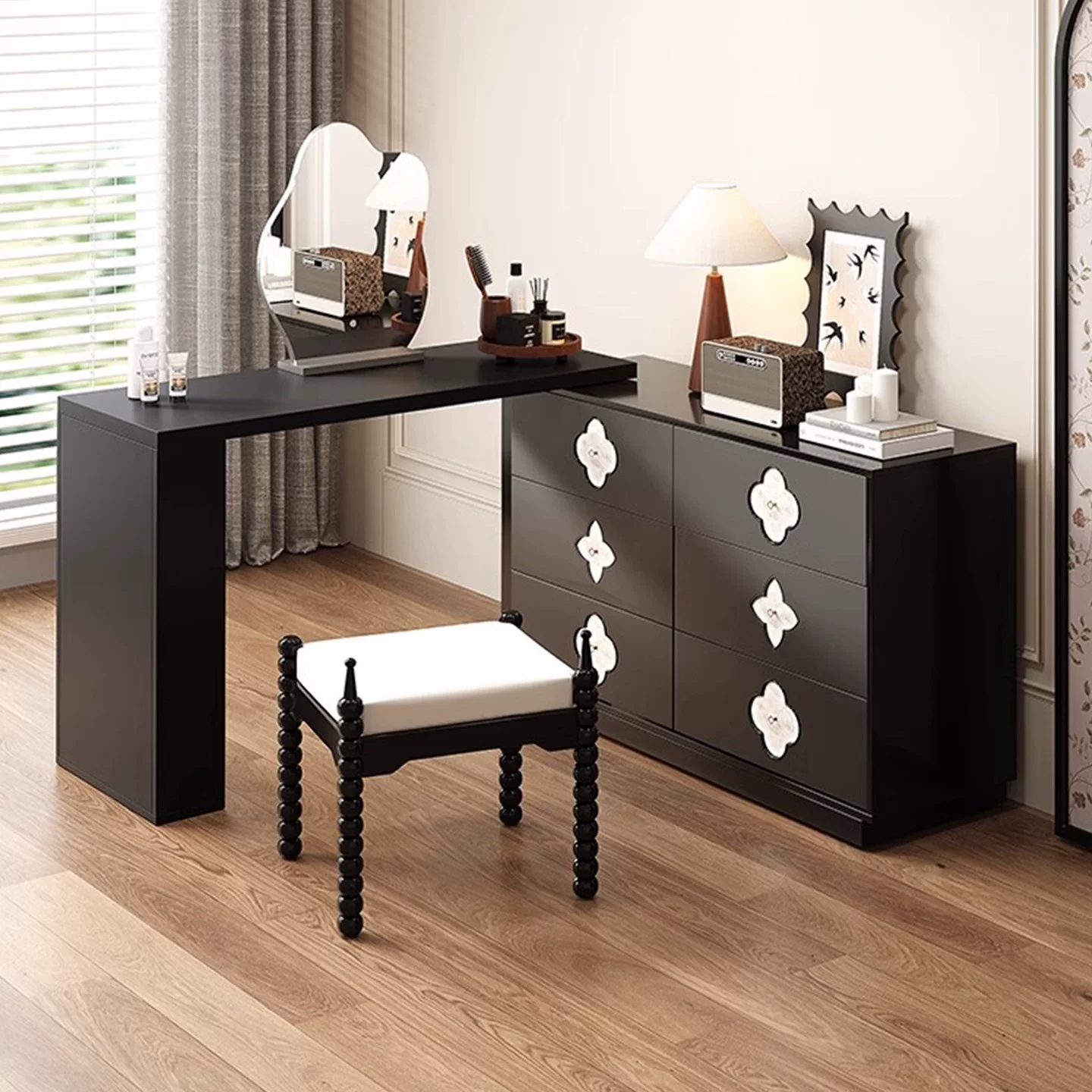ZT20 (2) Gaoliang Dressing Table Retro Black Wood Vanity Desk for Makeup OEM/ODM (ZT20)