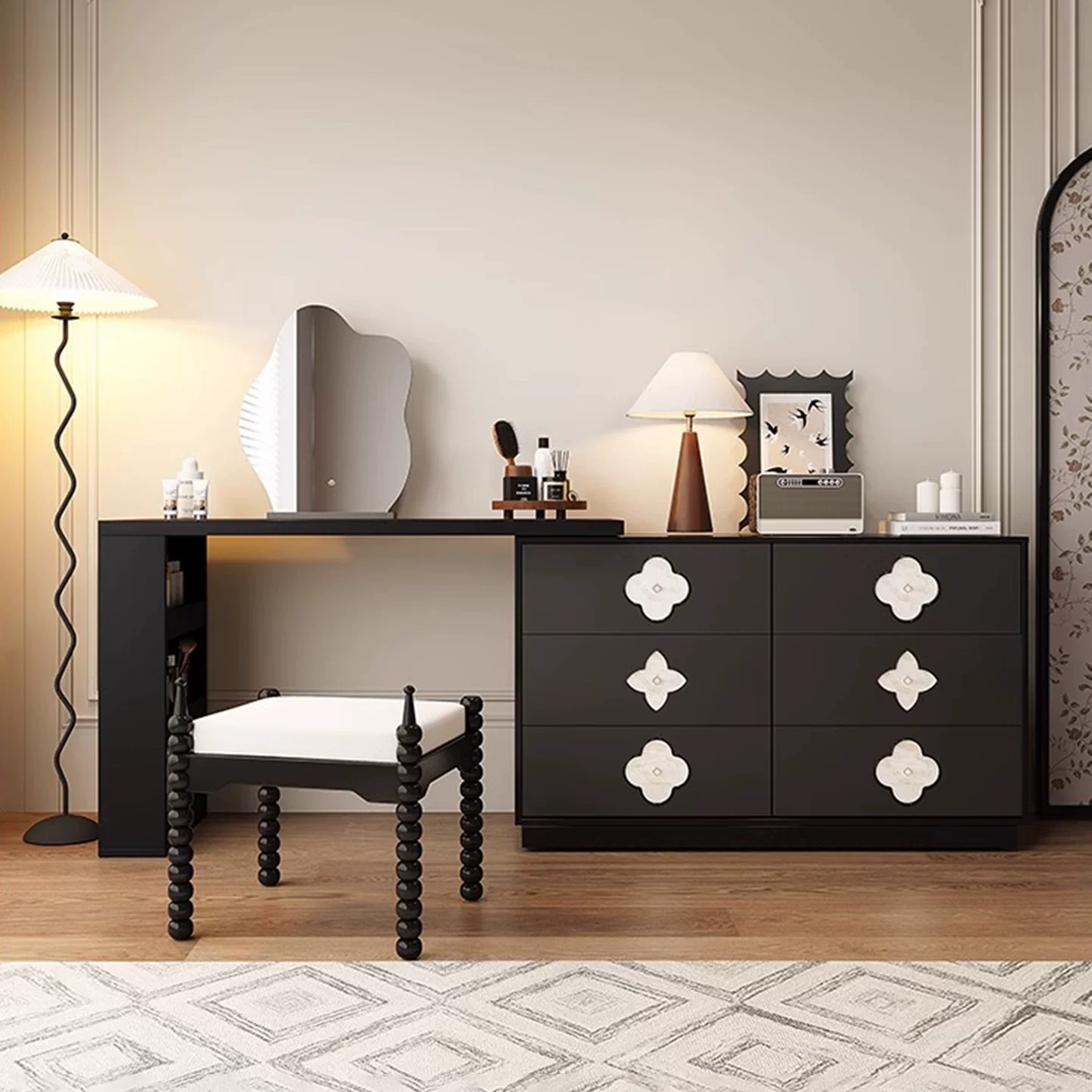 ZT20 (3) Gaoliang Dressing Table Retro Black Wood Vanity Desk for Makeup OEM/ODM (ZT20)