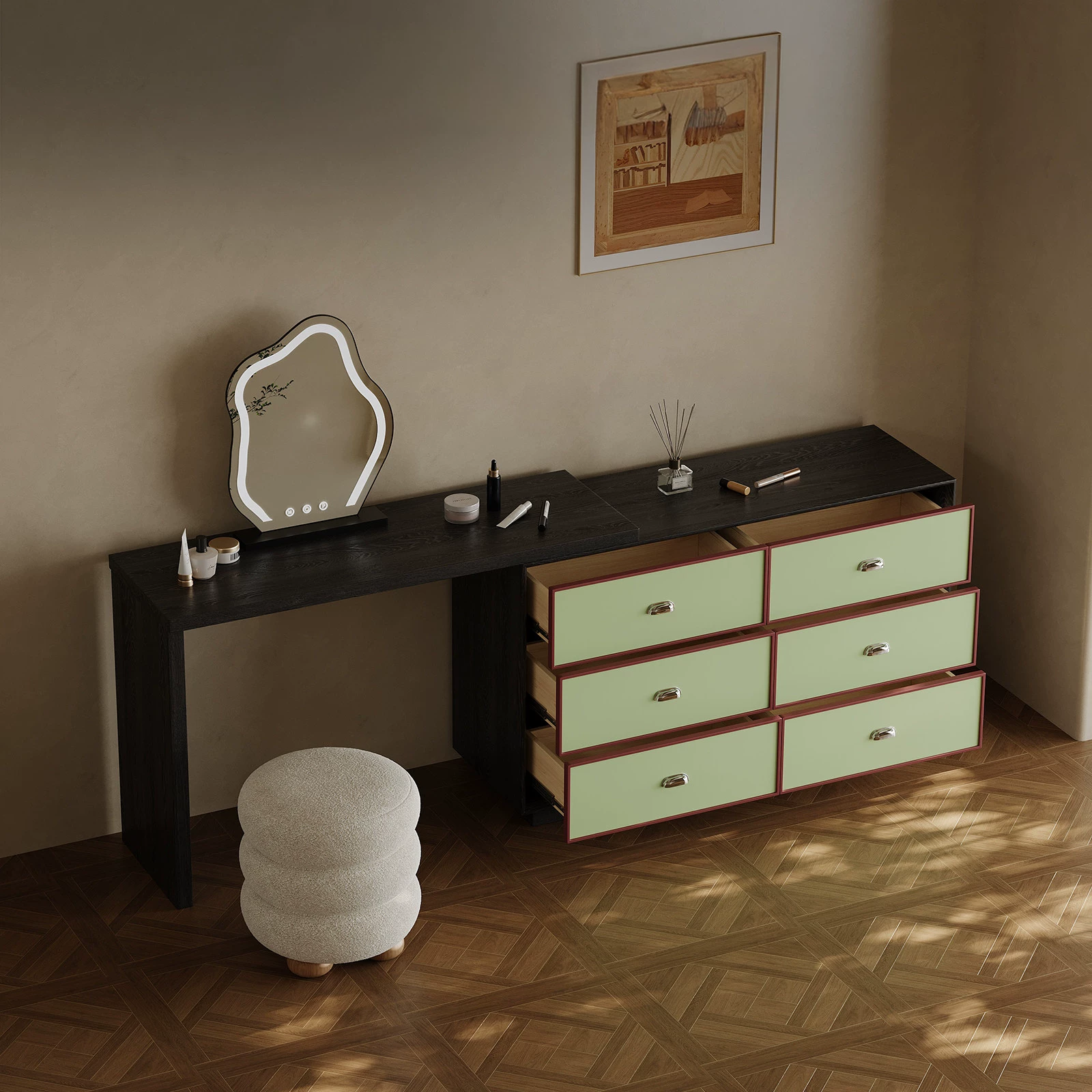 ZT37 (3) Gaoliang Makeup Vanities Green Storage Makeup Table with Mirror OEM/ODM (ZT37)