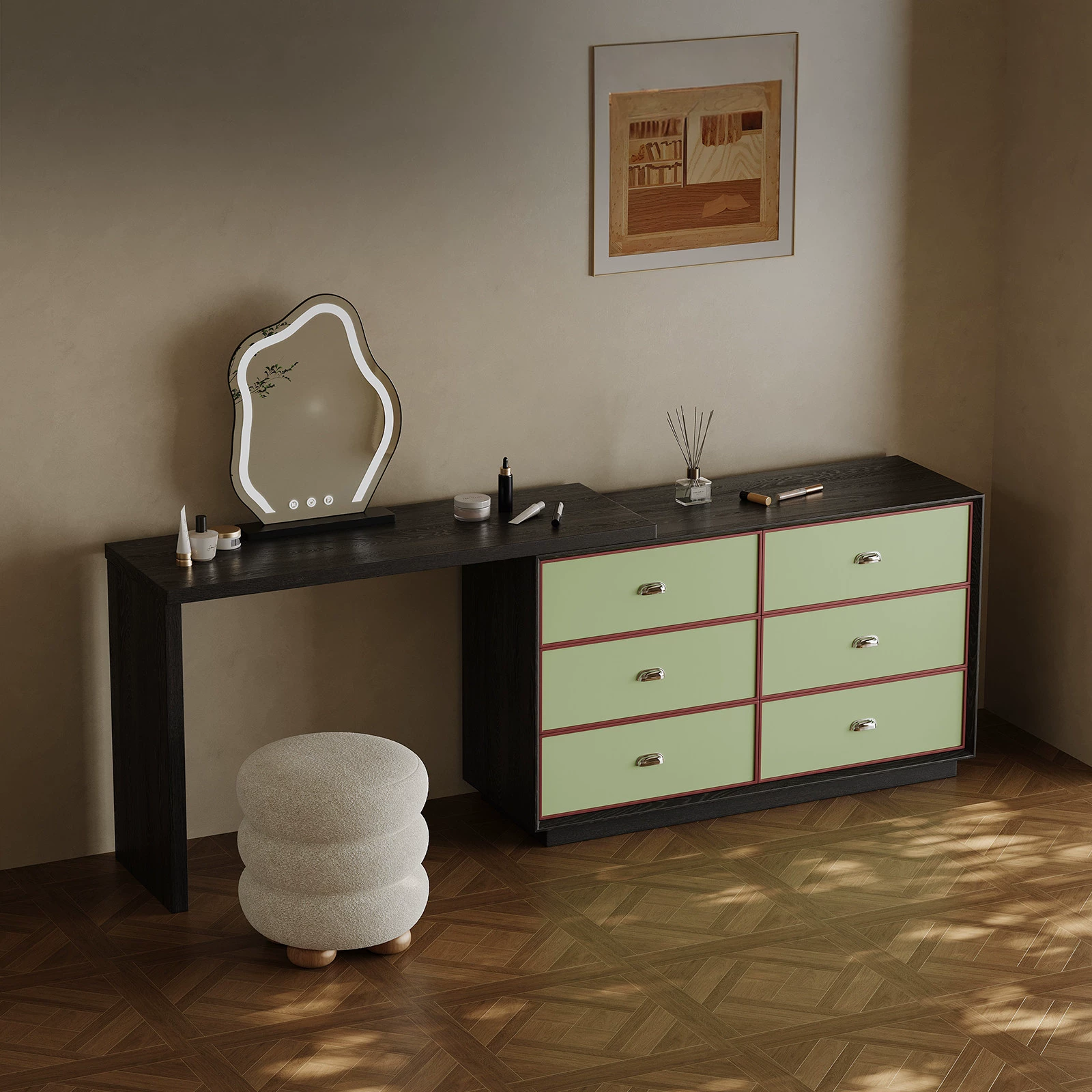 ZT37 (4) Gaoliang Makeup Vanities Green Storage Makeup Table with Mirror OEM/ODM (ZT37)