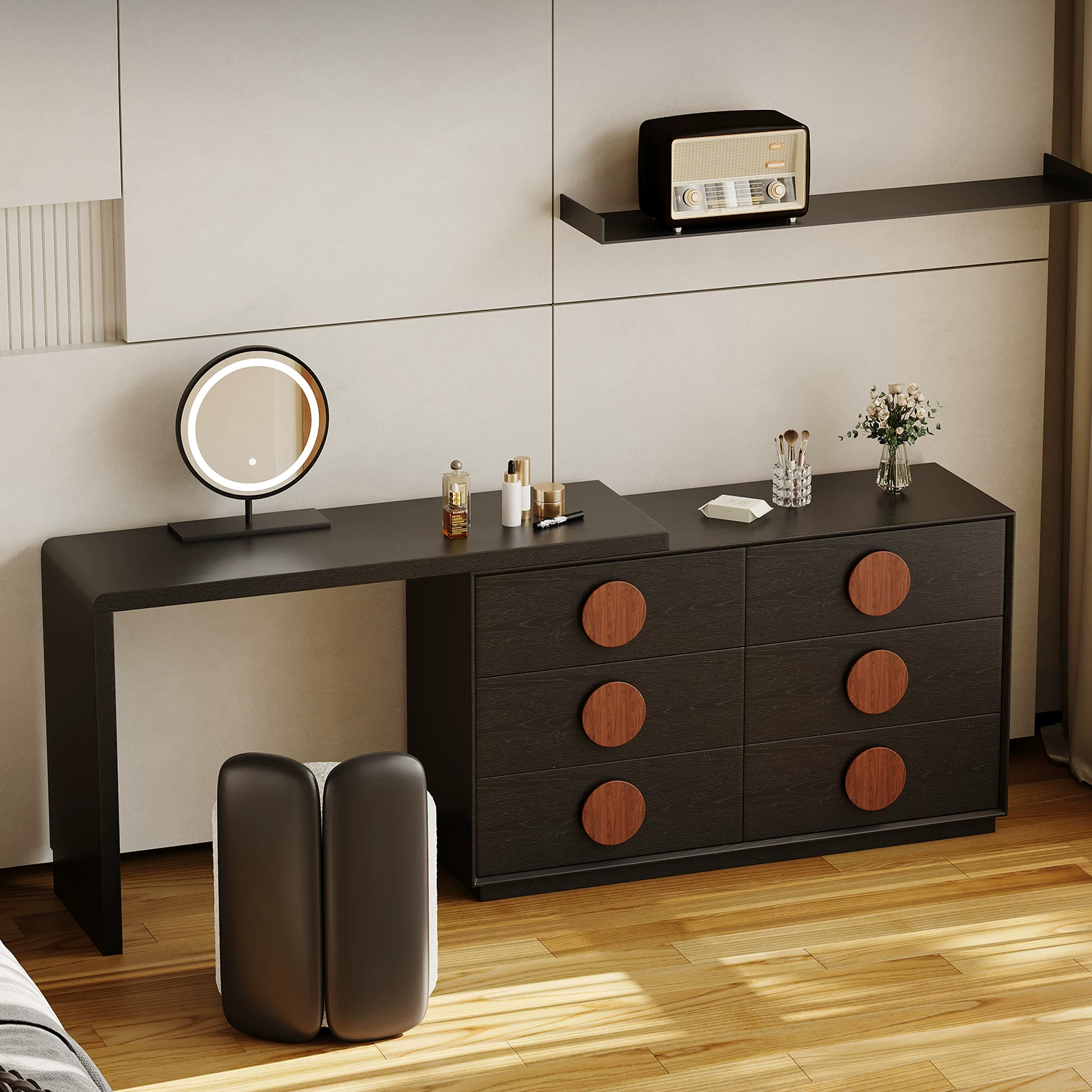 ZT39 (4) Gaoliang Makeup Vanities Wooden Extendable Makeup Table with Storage OEM/ODM (ZT39)