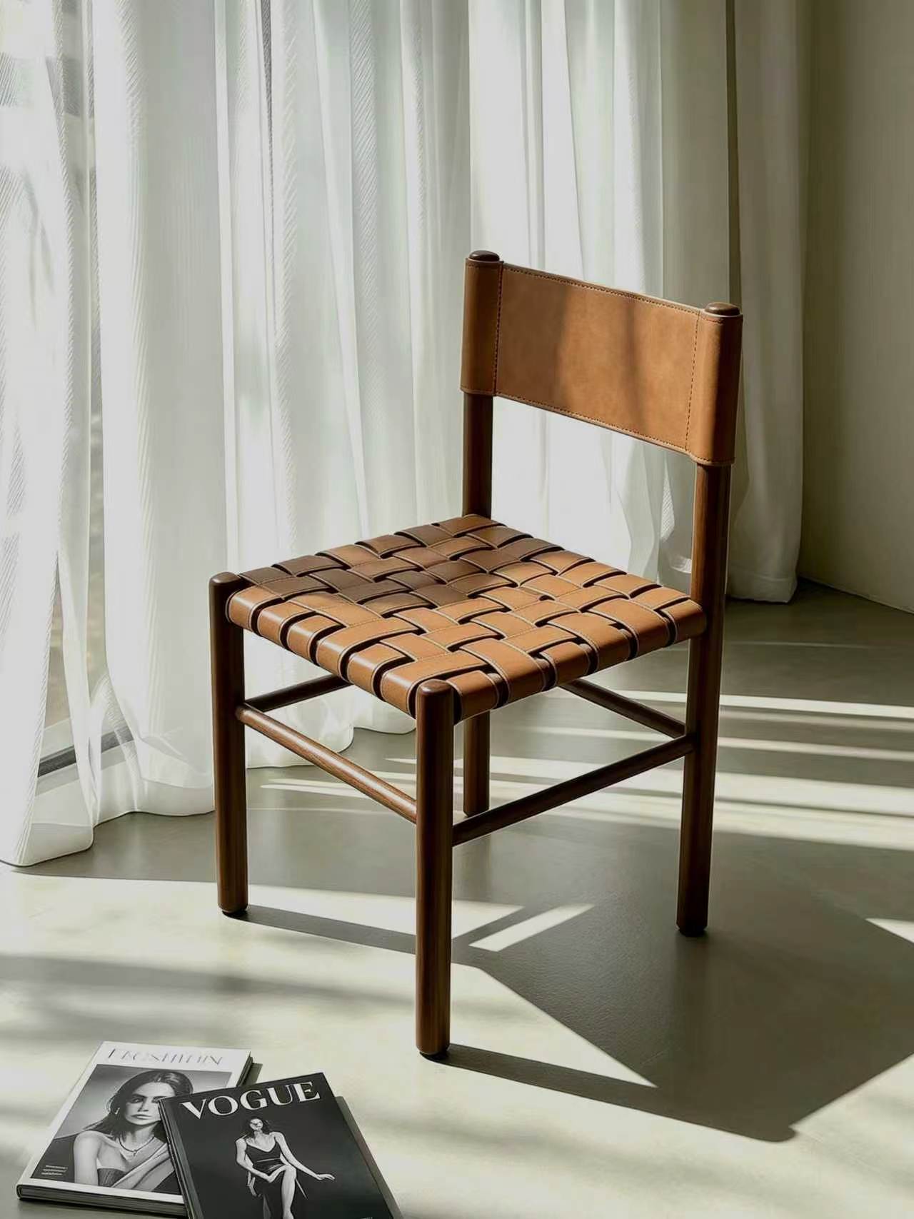 YZ324-1 Wooden Dining Chair Nordic Modern Walnut Saddle Leather Dining Room Chair
