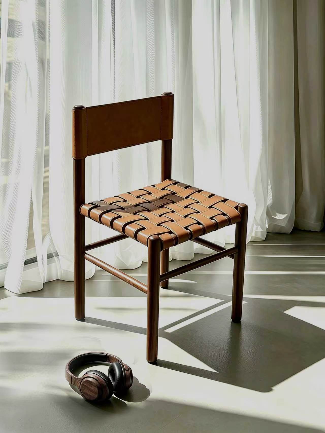 YZ324-2 Wooden Dining Chair Nordic Modern Walnut Saddle Leather Dining Room Chair